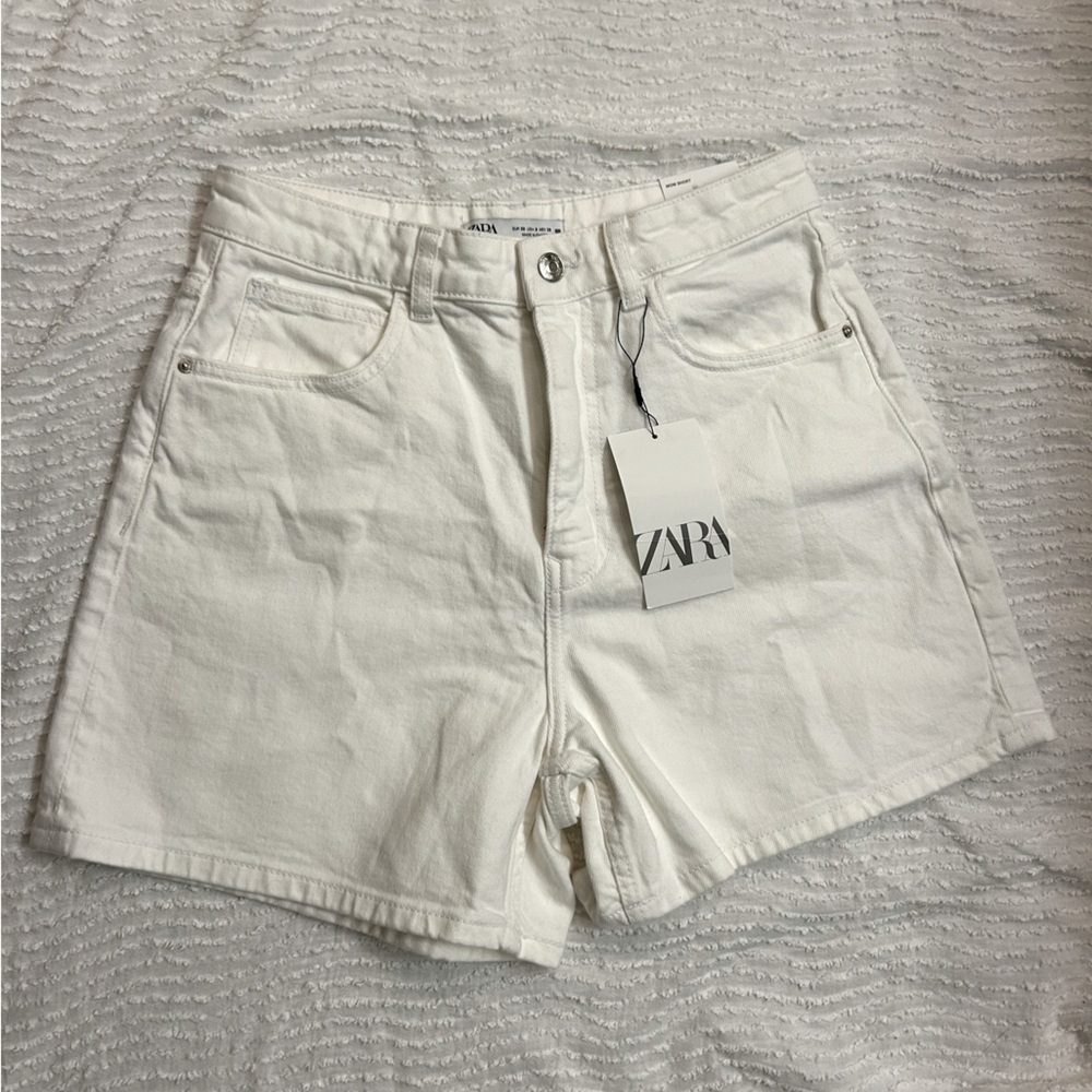 Zara White Denim Mom Shorts Size 6 NWT High Waist Jean Shorts New